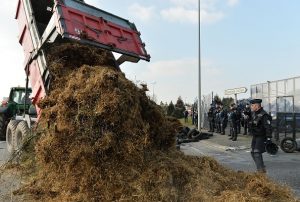 French farmers dump straw as they block the access to the Lactalis factory on March 23, 2016, in Laval, northwestern France during a demonstration to protest against falling prices of dairy products. / AFP / JEAN-FRANCOIS MONIER (Photo credit should read JEAN-FRANCOIS MONIER/AFP/Getty Images)